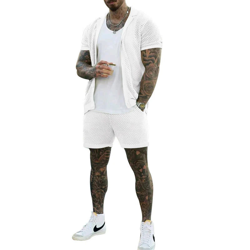 Sexy See Through Hollow Out Mesh Knit Two Piece Suits Men Summer Fashion Short Sleeve Shirts And Shorts Sets Mens Outfits Beach  Amaijoin