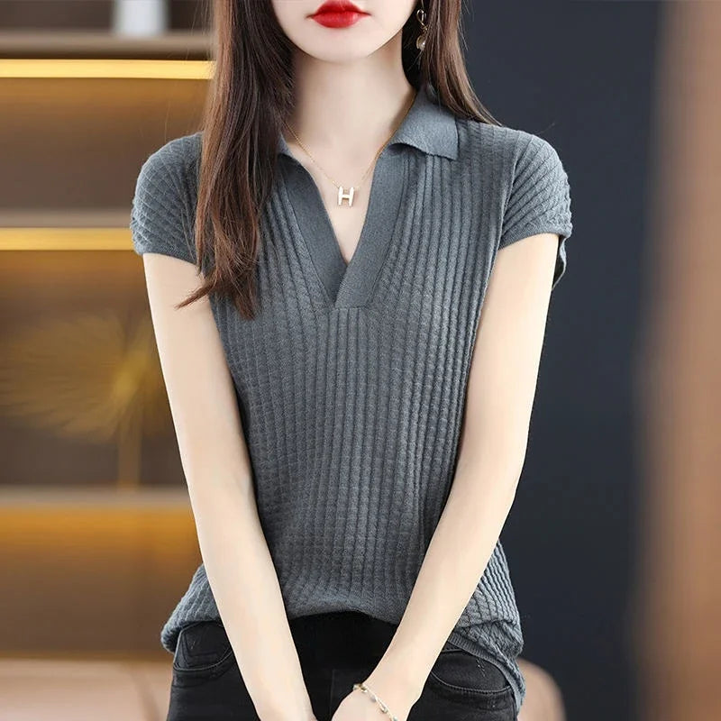 Women's T Shirts Clothes Black Top White Polo Neck Shirt Short Sleeve Tee Knit Green Aesthetic Offer Free Shipping Cute V New  Amaijoin