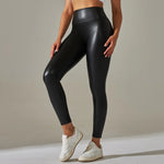 Carregue a imagem no visualizador da Galeria, Women Black Pu Leather Pants High Waist Leather Sexy Leggings Trousers Women Thick Stretch Pantalon Mujer  Amaijoin
