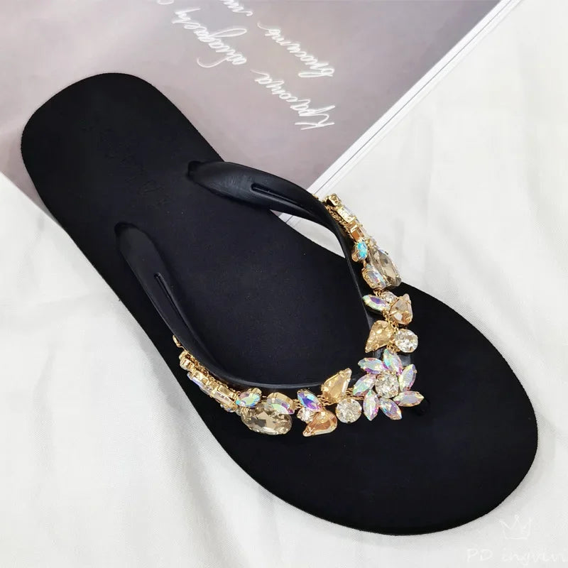 Slippers Women Glitter Flip Flops  Summer 2023 Fashion Outdoor Rhinestone Chain Wedge Beach Slippers Jelly Hawaiian Flat Sandals  Amaijoin