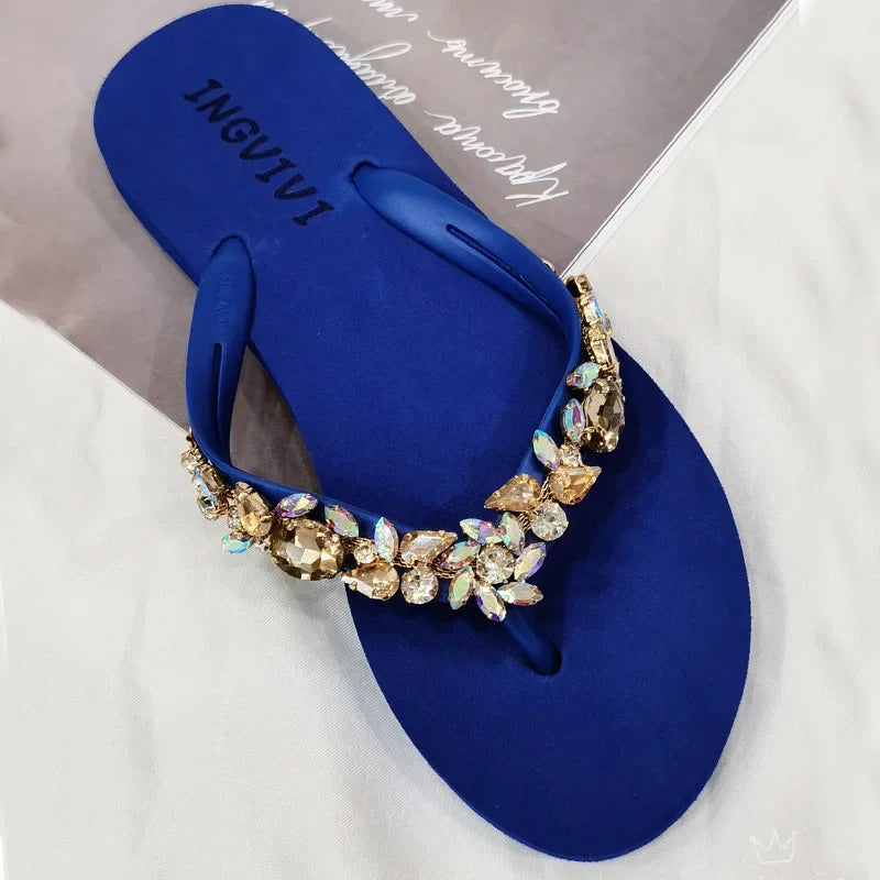 Slippers Women Glitter Flip Flops  Summer 2023 Fashion Outdoor Rhinestone Chain Wedge Beach Slippers Jelly Hawaiian Flat Sandals  Amaijoin