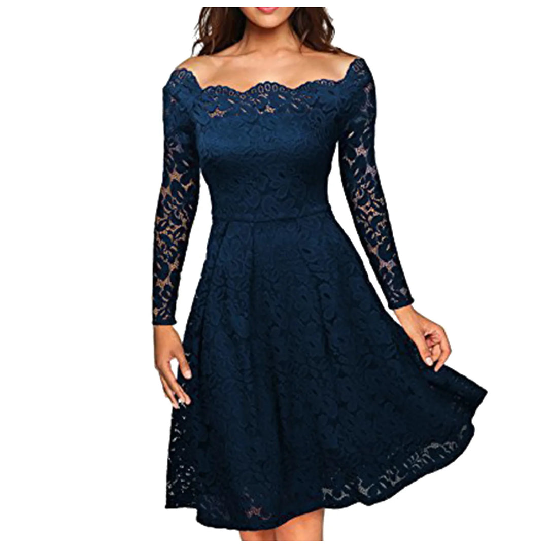 Women's Dresses Summer Dresses Hollow Out Long-Sleeve Waist A-Line Big Swing Lace with Lining Dress Flowy Dresses  Amaijoin