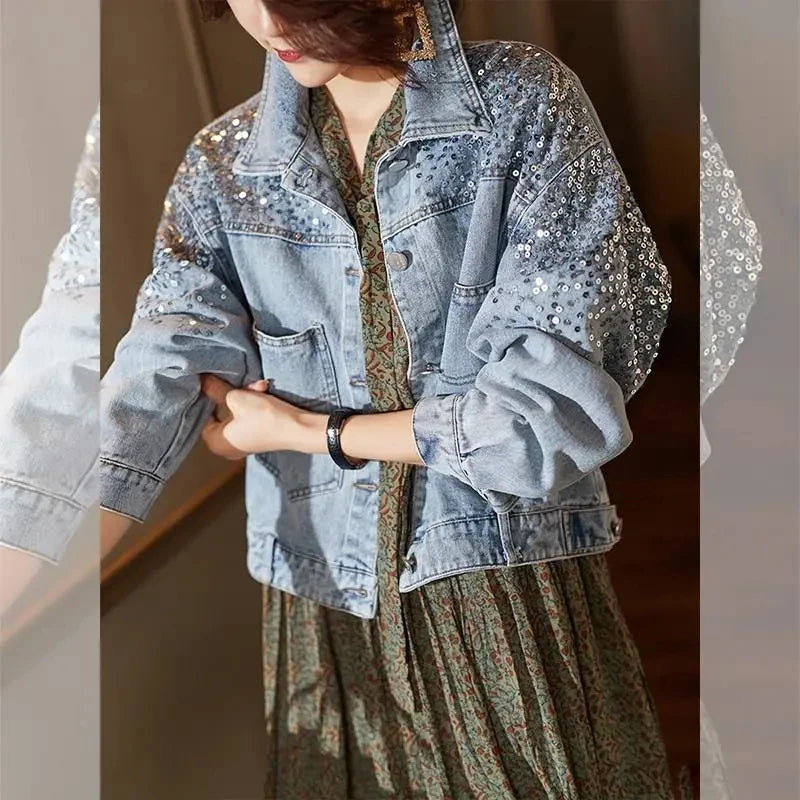 Lucyever 2022 Spring Autumn Denim Jacket Women Fashion Sequin Short Lapel Jean Coats Woman Casual  Full Sleeve Loose Button Coat  Amaijoin