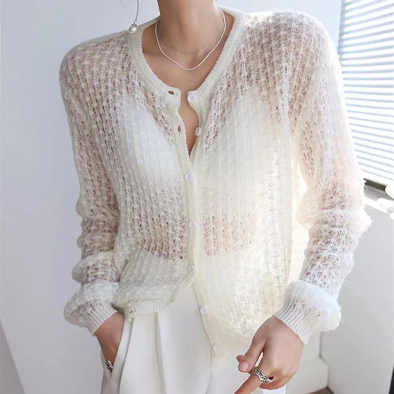 Cardigan Women New V Neck Pearl Single Breasted Loose Short Sweater Female Sweet Long Sleeve Knitting Tops For Ladies  Amaijoin