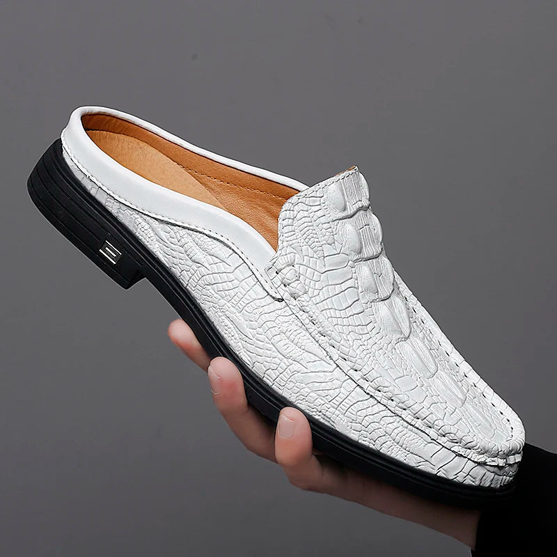 Black White Half Shoes for Men Genuine Leather Men Muller Shoes Fashion Casual Sandals Men Comfy Lazy Flats Versatile Slippers  Amaijoin