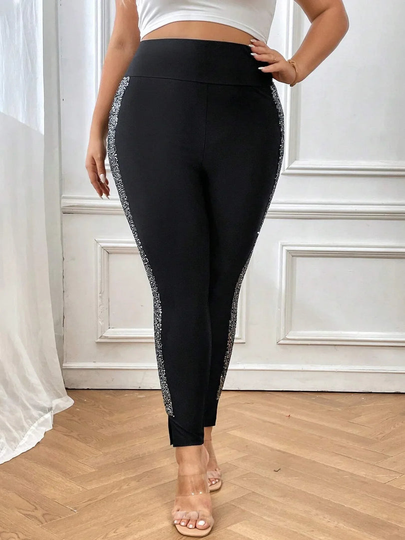 Women's Plus Size Sequin Side Seam Slit Hem Leggings Casual Fashion Pants Women's Comfortable Leggings  Amaijoin