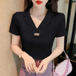 Carregue a imagem no visualizador da Galeria, Tops Black Clothing Plain Polo Neck Shirts for Women Aesthetic Luxury High Quality T-shirt Woman Cotton with Collar Y2k Fashion  Amaijoin
