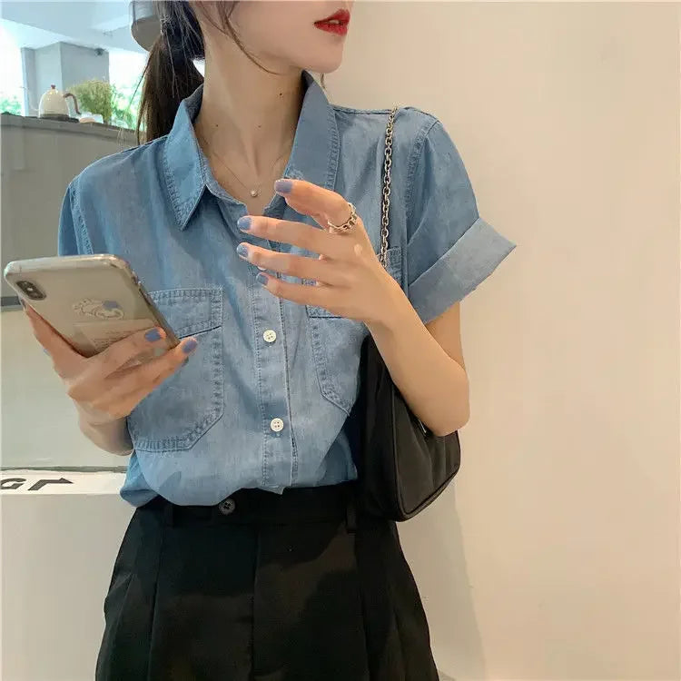 Women Blouse Summer Loose Single Olo Collar Short-Sleeved Denim Shirt Top for Women Blusas Ropa De Mujer  Amaijoin