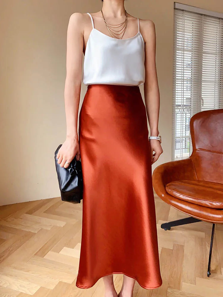 Silk Satin Skirts for Women Korean Style Champagne Office High Waist A-line Skirt Fashion Elegant Solid Long Pencil Skirt 2024  Amaijoin