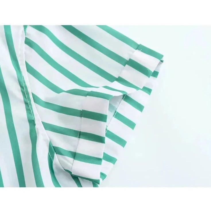 TRAFZA 2024 Summer Striped Shirts Women Casual Green Blouse Y2k Short Sleeve Buttons Crop Top Female Short Shirt Streetwear  Amaijoin