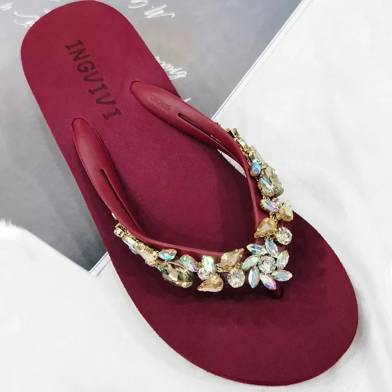 Slippers Women Glitter Flip Flops  Summer 2023 Fashion Outdoor Rhinestone Chain Wedge Beach Slippers Jelly Hawaiian Flat Sandals  Amaijoin