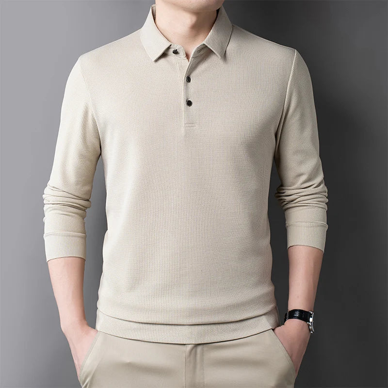 Men's Casual Waffle Polo T-shirt Breathable Comfortable Fashion Long Sleeve T-shirt  Amaijoin