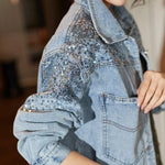 Load image into Gallery viewer, Lucyever 2022 Spring Autumn Denim Jacket Women Fashion Sequin Short Lapel Jean Coats Woman Casual  Full Sleeve Loose Button Coat  Amaijoin
