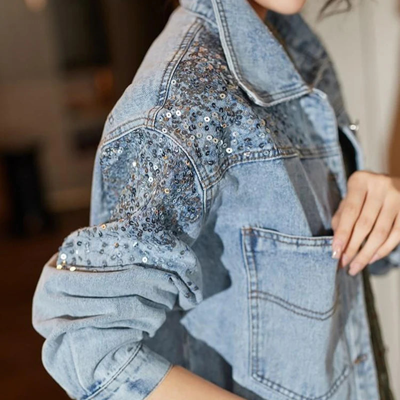 Lucyever 2022 Spring Autumn Denim Jacket Women Fashion Sequin Short Lapel Jean Coats Woman Casual  Full Sleeve Loose Button Coat  Amaijoin