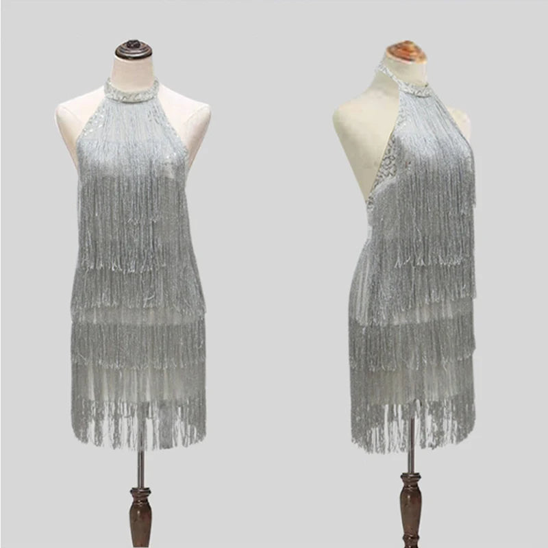 Women 1920s Vintage Great Gatsby Tassel Sequin Dress Sexy Halter Summer Party Dress Silver Fringe Dress Vestidos Costume  Amaijoin