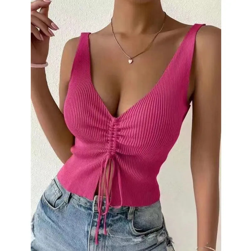 Tie Front Tank Tops Drawstring Ruched Ribbed Knit Tanks and Camis Women Sleeveless Crop Tops for Women 2024 Summer Outfit  Amaijoin