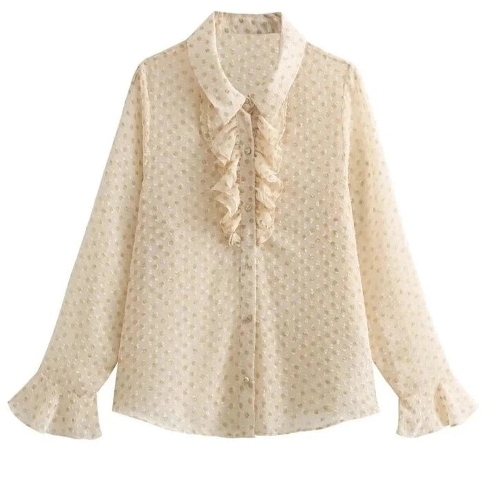 Tangada 2024 New Vintage Women Ruffles Dots Mesh Shirt Female Blouse Tops 10H44  Amaijoin