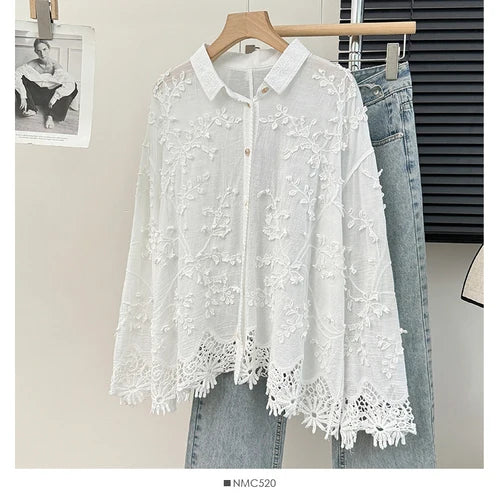 Embroidery Stereo Jacquard Gentle Blouses Single-breasted Lace Patchwork Age Reducing Blusas 2024 Spring Autumn New Chic Shirts  Amaijoin