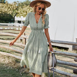 Carregue a imagem no visualizador da Galeria, Women Elegant Striped Lantern Sleeve Summer Dress Causal V-neck Button Ruffles Midi Dress 2023 Women Beach Holiday Party Dress  Amaijoin
