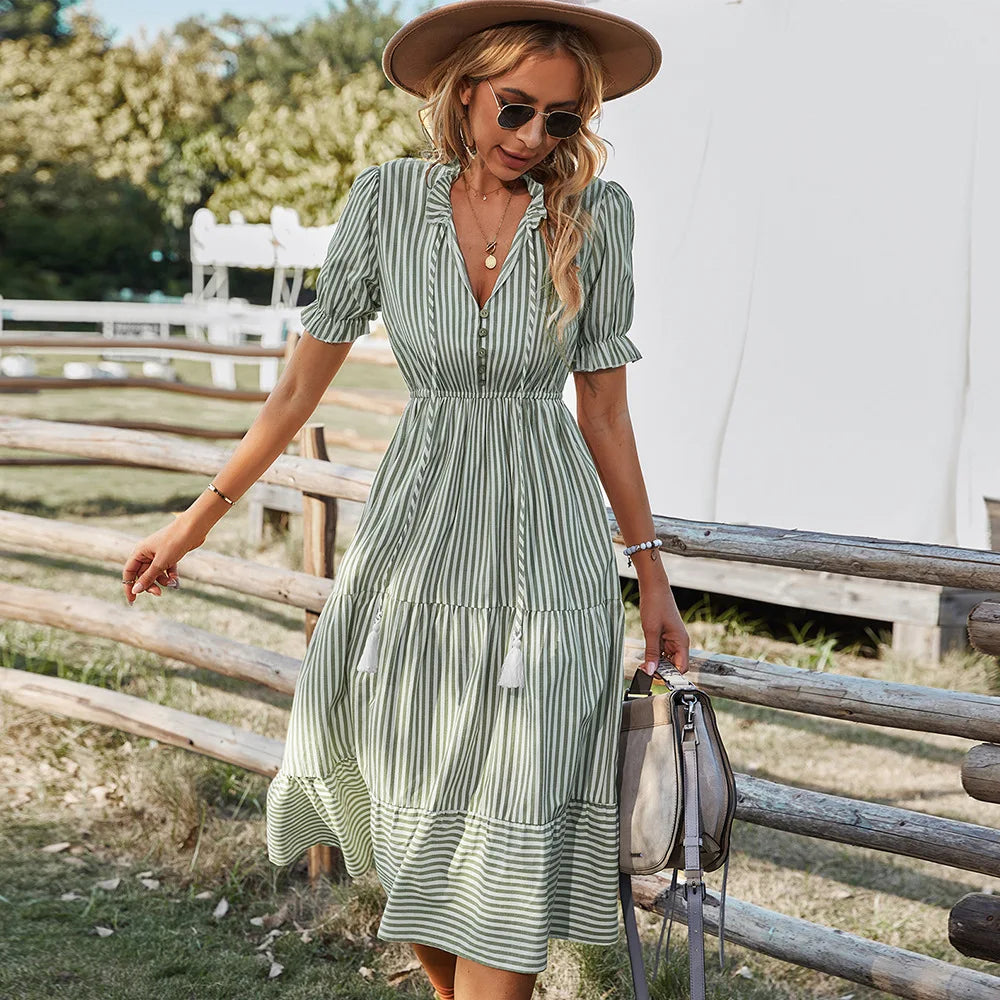 Women Elegant Striped Lantern Sleeve Summer Dress Causal V-neck Button Ruffles Midi Dress 2023 Women Beach Holiday Party Dress  Amaijoin