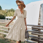 Carregue a imagem no visualizador da Galeria, Women Elegant Striped Lantern Sleeve Summer Dress Causal V-neck Button Ruffles Midi Dress 2023 Women Beach Holiday Party Dress  Amaijoin
