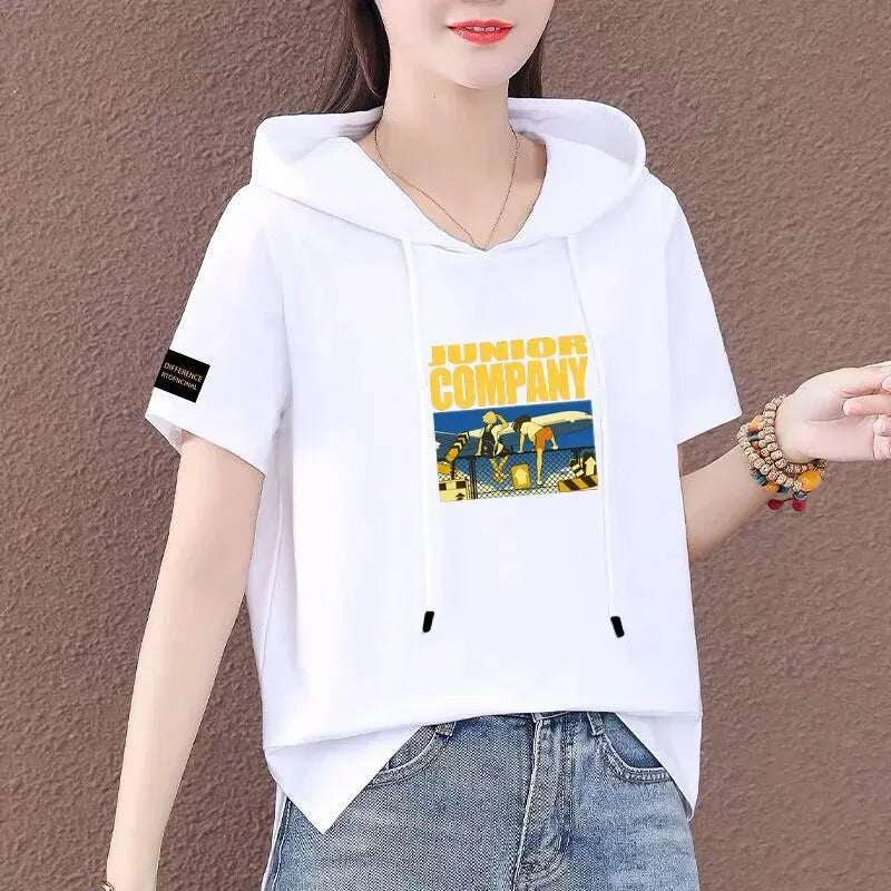 Short Sleeve Summer Thin White T-shirt Women Casual Fashion Top Loose Style Polyester Fabric Cartoon Design  Amaijoin