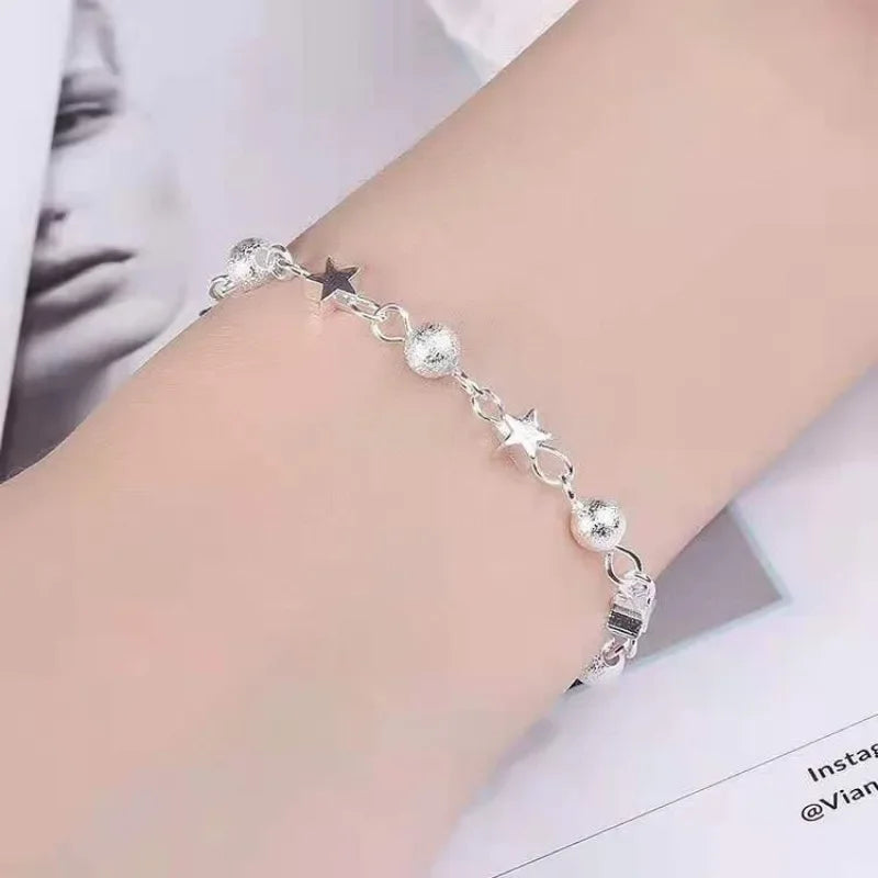 925 Sterling Silver Stars Bracelets For Women Fashion Korean Designer Frosted Bead Bracelet Beautiful Party Wedding Jewelry Gift  Amaijoin