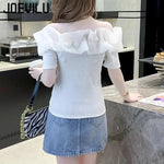 Carregue a imagem no visualizador da Galeria, Off Shoulder Top Sexy Exposed Clavicle Ruffled Short Sleeve T-shirt Female Summer Chic Elegant Blouses Niche Fairy Kawaii Tops  Amaijoin
