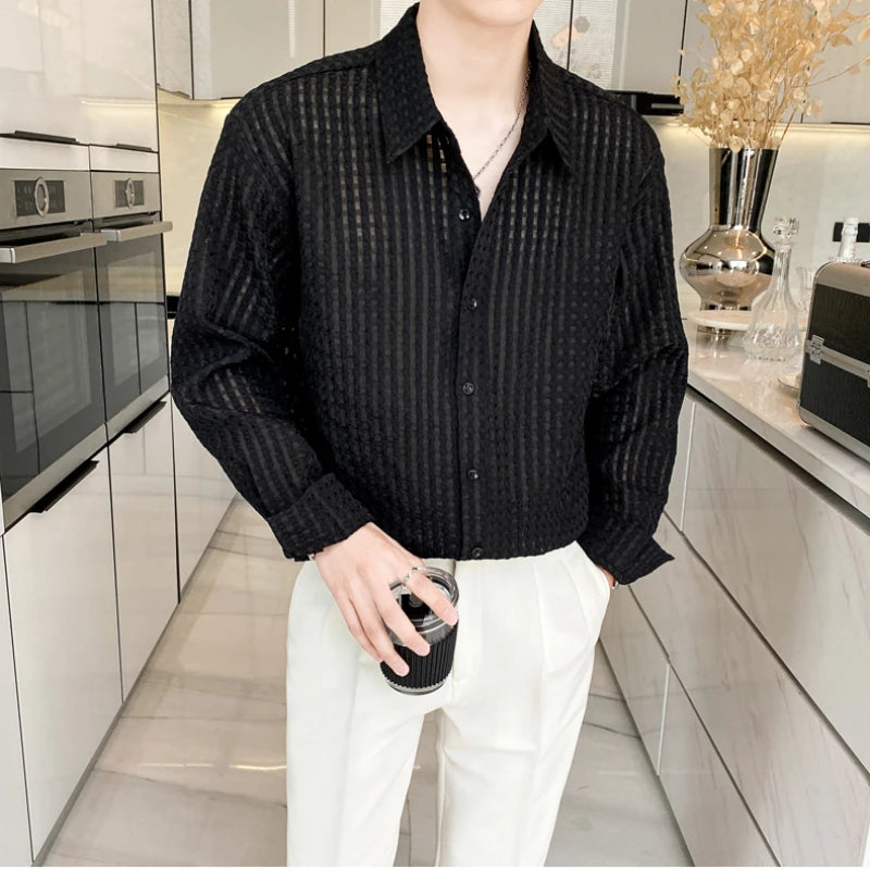 2024 Summer Mesh Perspective Shirt for Men Long Sleeve Loose Casual Shirts Fashion Sunscreen Breathable Shirt for Streetwear  Amaijoin