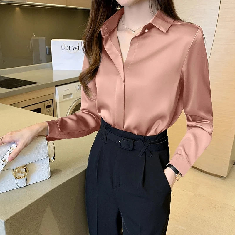 Silk Women's Shirt Long Sleeve Fashion Woman Blouses 2023 Satin Top Female Shirts and Blouse Basic Ladies Tops OL Women Clothing  Amaijoin