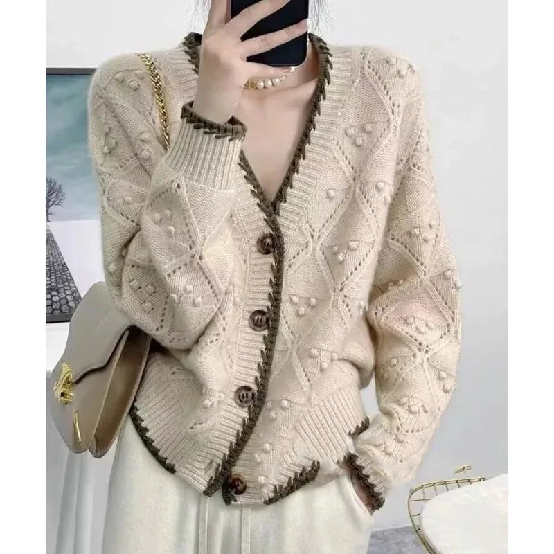 Chic jacquard 100% cashmere knit cardigan Women's autumn/winter lazy V-neck sweater Loose wool coat  Amaijoin