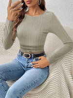 Carregue a imagem no visualizador da Galeria, Women&#39;s solid color basic crewneck top, long sleeve women&#39;s t-shirt, ribbed crop top, fashionable slim fit out streetwear  Amaijoin
