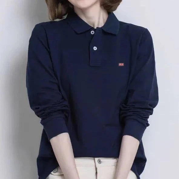 Women's  100% Cotton Long Sleeve Polo Shirts Femmes Lapel T Shirts Collar All-Season New T-shirt Workout Tops  Polo shirt  Amaijoin