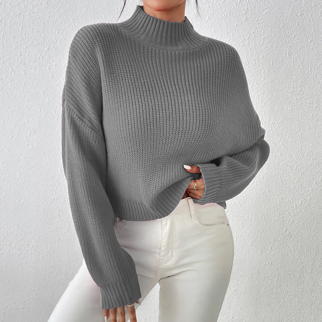 Women's Ribbed Knitted Sweater, Mock Neck Long Sleeve Pullover, Solid Color High Neck Drop Shoulder Jumper  Amaijoin