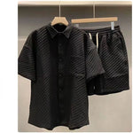 Carregue a imagem no visualizador da Galeria, Summer Loose Men&#39;s Suit Handsome lattice Short Sleeve Shirt + Shorts British Style Casual Two-piece Suit Jogger Outfit Tracksuit  Amaijoin
