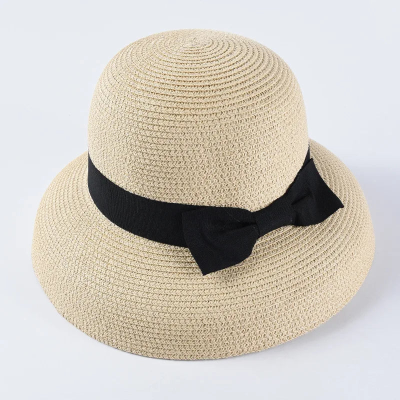 Hepburn bow ribbon sun hat women's straw hat Bucket hat color sunscreen sun hat beach hat wholesale  Amaijoin