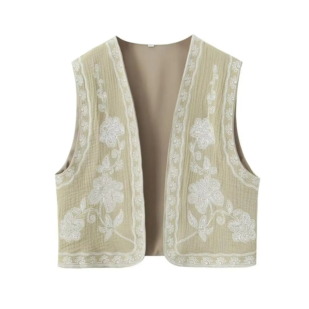 Summer 2024 Women Sleeveless Embroidered Vest Causal Female Vintage Boho Vest Woman Cropped Jacket Waistcoat Women Cardigan  Amaijoin