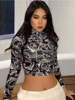 Load image into Gallery viewer, Fashion Trend Women&#39;s Stylish Dragon Printed Crop Tops Long Sleeve High Collar Slim T-shirt Skinny Tees for Spring Autumn  Amaijoin
