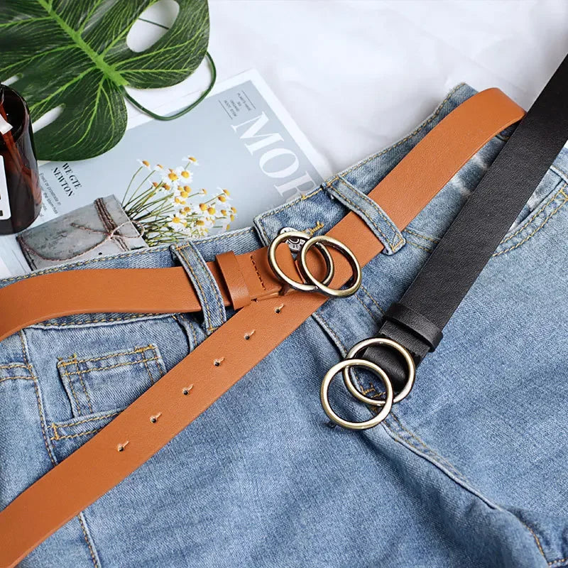 Double Ring Belts for Women Girls Fashion Leopard Waist Belt PU Metal Pin Buckle Belt Leisure Dress Jeans Wild Waistband  Amaijoin