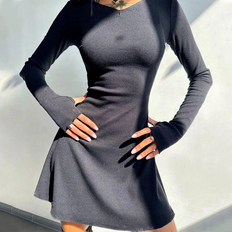 Elegant And Pretty Women Dresses Autumn Winter New Black Sexy Short Dress Female V Neck Long Sleeve Slim Solid Color Mini Dress  Amaijoin