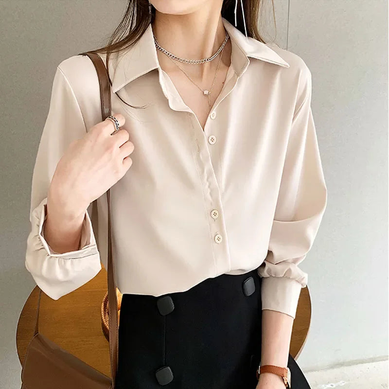 Black Chiffon Shirts For Women Spring NEW Solid Long Sleeve Shirts Korean Fashion Ladies Blouse Simple Female Clothing Tops  Amaijoin