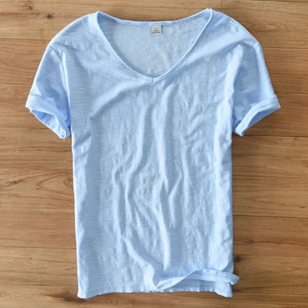 Summer T Shirt Men Linen Cotton Short Sleeve Tshirt V-neck Tops&Tee Breathable Comfortable Slim T-shirt Men Dropshopping  Amaijoin