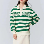 Carregue a imagem no visualizador da Galeria, Semir Sweater Women Waffle Texture Striped Shirt Oversize Winter Polo Collar Letter Embroidered Retro Sweatshirt  Amaijoin
