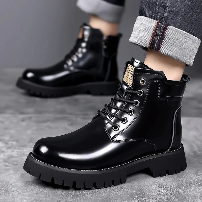 Hot Selling Men's Leather Boots Winter Thick Bottomed Work Boots British Style High Top Shoes Men's Retro Business Boots  Amaijoin