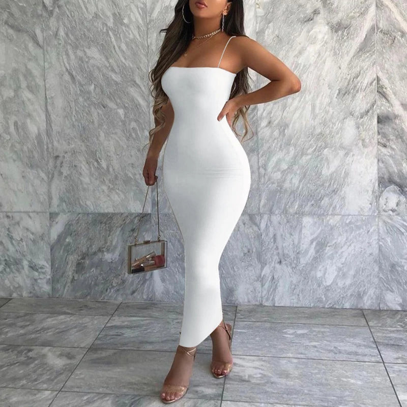 Summer Black Sexy Dress Women Streetwear Sleeveless Backless Solid Spaghetti Strap Bodycon Casual Clubwear Elegant Party Dresses  Amaijoin