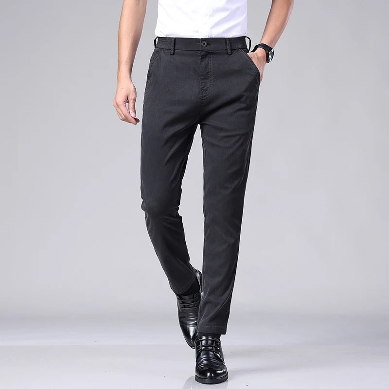 Four Seasons New Soft Lyocell Fabric Men's Pants Business Slim Pant Elastic Waist Korea Solid Color Stretch Casual Trousers Male  Amaijoin