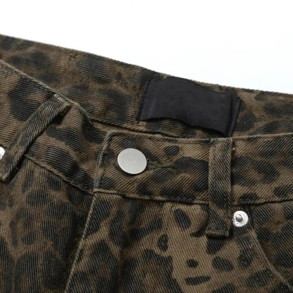 Unisex Pants Leopard Print Unisex Hop Jeans with Wide Leg Button Zipper Closure Soft Streetwear Trousers for Young Adults Unisex  Amaijoin