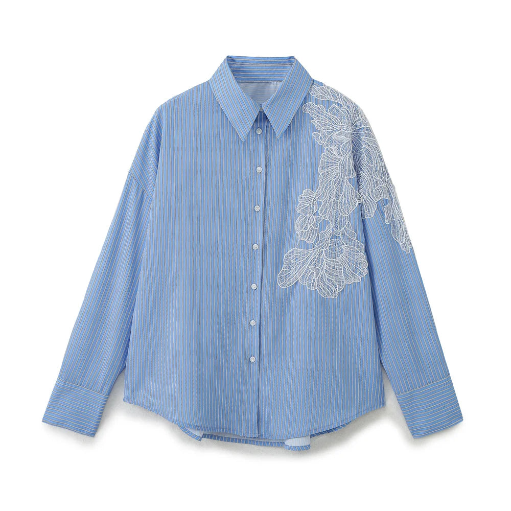 New Women Embroidered Flower Striped Shirt Long Sleeve Lapel Collar Female Streetwear Spring Blouse  Amaijoin