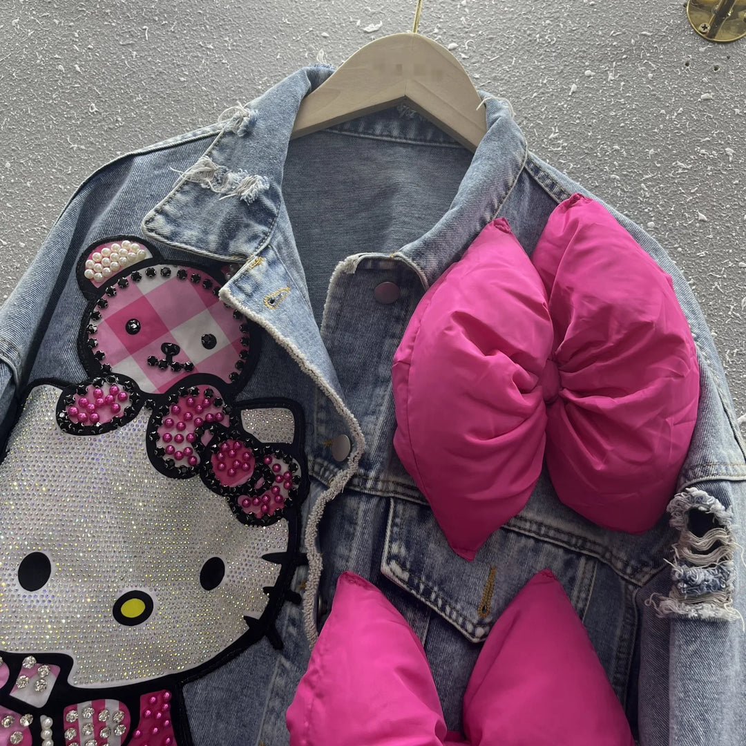 MINISO Hello Kitty Cartoon Denim Jacket Women Spring Autumn Sanrio Anime 2024 New Fashionable Coat  Amaijoin