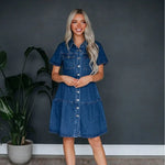 Carregue a imagem no visualizador da Galeria, 2024 Spring Summer New Women&#39;s Clothing Solid Color Short Sleeve Lapel Casual Denim Dress High Waist Dress  Amaijoin
